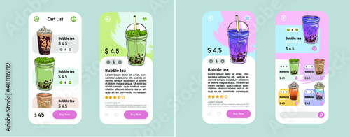 a phone app for ordering drinks with Thai tea with pearl tapioca bubbles,
A mobile app UI design for an imaginary bubble tea brand - Bubba