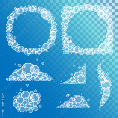 Set of bath soap foam with bubbles and borders on transparent background.