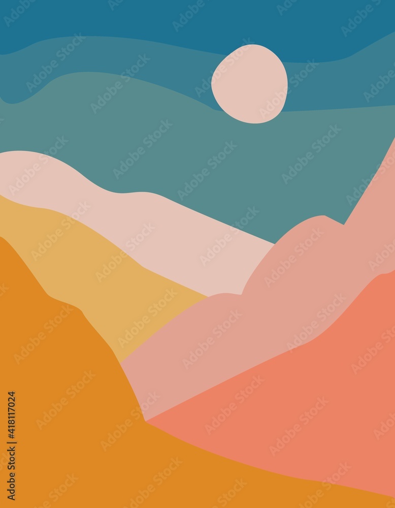 Abstract vector mountain landscape with sun in the sky. Boho poster. Modern minimal template in blue, yellow and pink colors. Cover design, banner, postcard. Vector illustration.