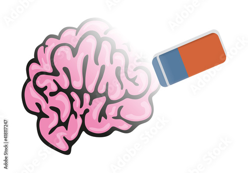 Concept de la perte de mémoire avec une gomme qui efface symboliquement le dessin d’un cerveau.