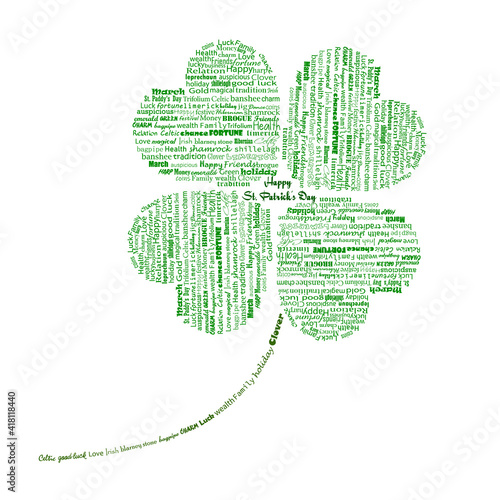 Four leaf Clover shape, made with many St. Patrick's day realted words. St. Patrck's day and good luuck concept, vector illustration.