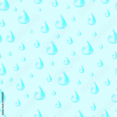 Seamless pattern of falling blue raindrops with white tint with drops of different sizes