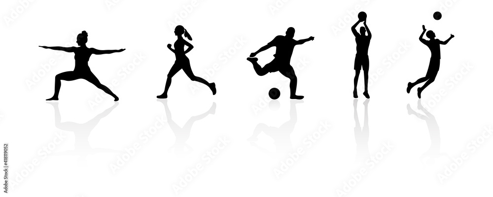 Collection of sports silhouettes. Yoga, basketball, football, volleyball and running.Atheltic people. Vector illustration