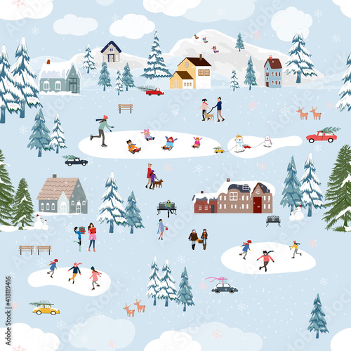 Seamless pattern Cute Christmas landscape in the town with fairy tale house,car,polar bear playing ice skate and pine tree,Vector Panorama flat design in village on Christmas eve, Holiday background
