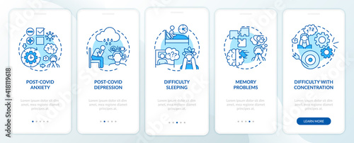 Post-covid syndrome and mental health onboarding mobile app page screen with concepts. Anxiety and depression walkthrough 5 steps graphic instructions. UI vector template with RGB color illustrations
