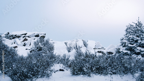 Fototapeta Naklejka Na Ścianę i Meble -  Viewpoint Trojmorski Wierch, rocks covered with snow.