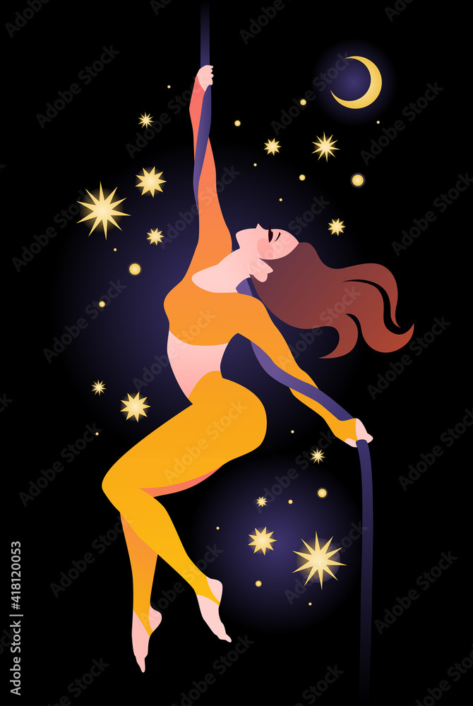 Fototapeta premium Girl gymnast on the rope against the background of the night sky and stars. Simple color vector illustration