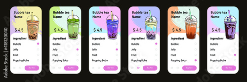 a phone app for ordering drinks with Thai tea with pearl tapioca bubbles,
A mobile app UI design for an imaginary bubble tea brand - Bubba