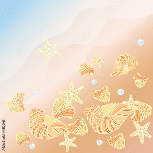 Sea beach illustration with ocean wave, cockleshells and starfishes.