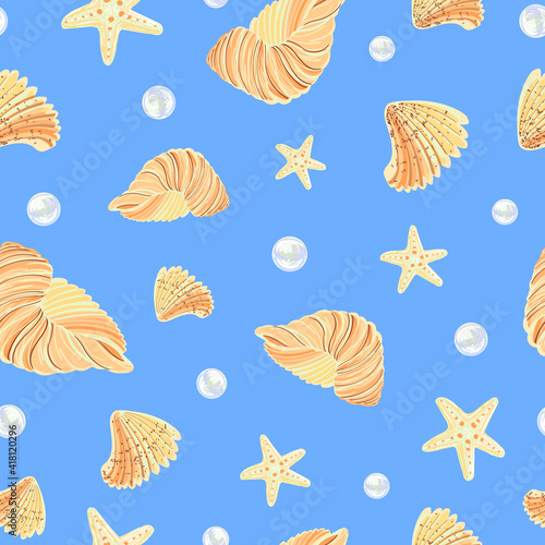 Summer print with blue background. Seashells and pearls in seamless pattern.
