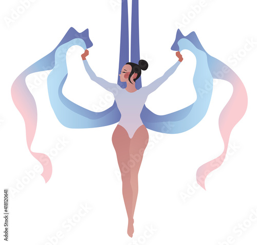 Girl gymnast on aerial silks. Simple vector color illustration