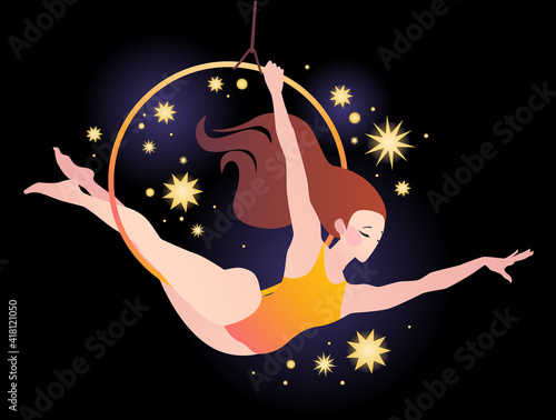 Girl gymnast on the ring against the background of the night sky and stars. Simple vector color illustration
