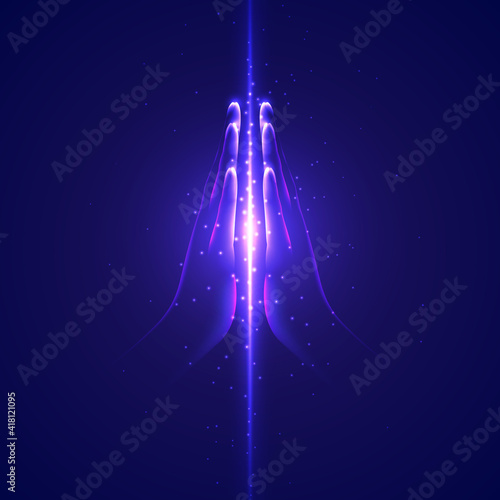 Hands with palms pressed against each other, bright energy between them. Concentration, relaxation, focus, yoga, faith concept. Vector illustration.