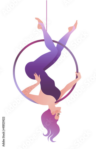 Girl gymnast on the ring. Simple vector color illustration