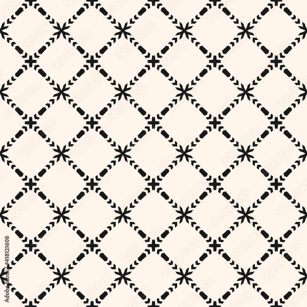 Vector ornamental seamless pattern. Elegant monochrome geometric ornament texture with small flower silhouettes, crosses, grid, lattice, mesh. Abstract black and white floral background. Repeat design