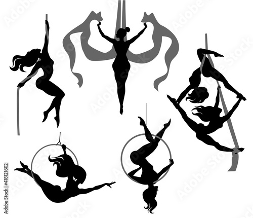 Set with gymnasts on aerial silks, on a ring, on a rope. Simple vector monochrome illustration