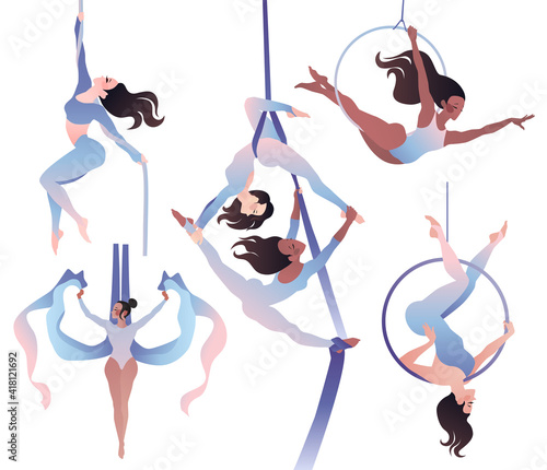 Set with gymnasts on aerial silks, on a ring, on a rope. Simple vector color illustration