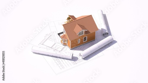 A three-dimensional model of a classic frame house. The concept for the construction of a country house. A camera loop animation around the house in the background of the blueprints. 