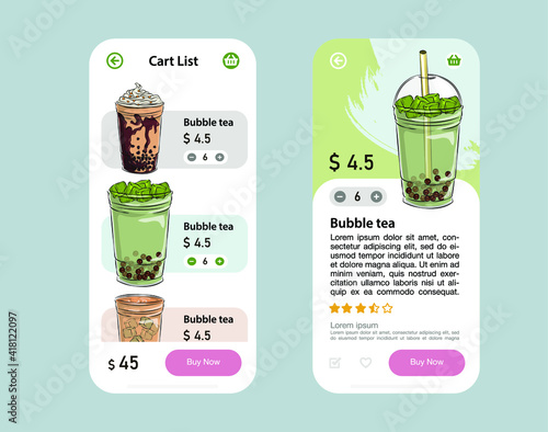 a phone app for ordering drinks with Thai tea with pearl tapioca bubbles, A mobile app UI design for an imaginary bubble tea brand - Bubba
