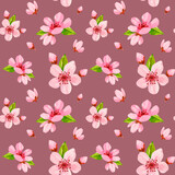 Watercolor cherry flower pattern. Spring floral seamless texture for wrapping paper, textile design, greetings. Pink flower repeating background