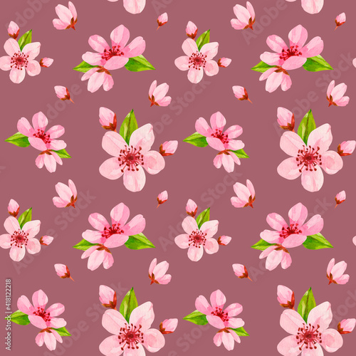 Watercolor cherry flower pattern. Spring floral seamless texture for wrapping paper, textile design, greetings. Pink flower repeating background