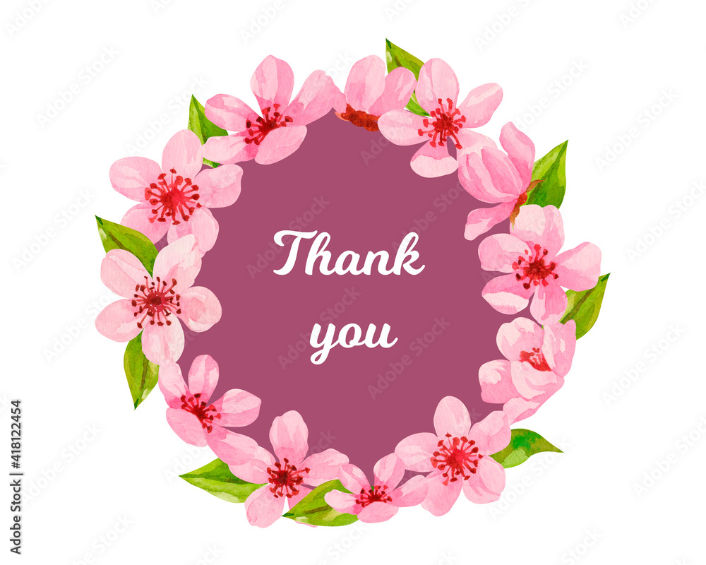 Watercolor thank you postcard with cute lettering in cherry blossom flowers wreath isolated on white