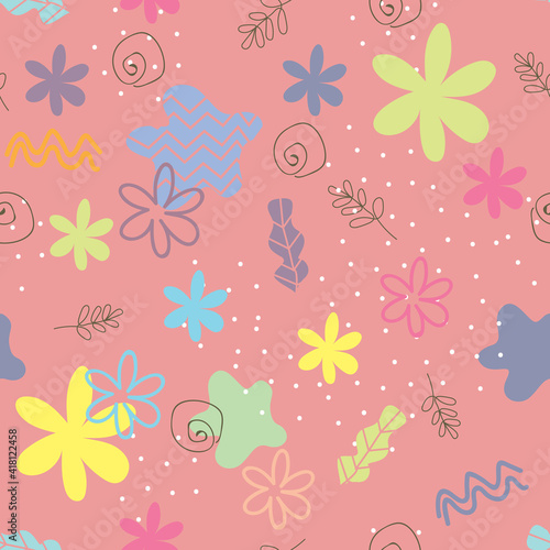 Colorful flowers seamless repeating pattern with carnation pink background. Vector illustration