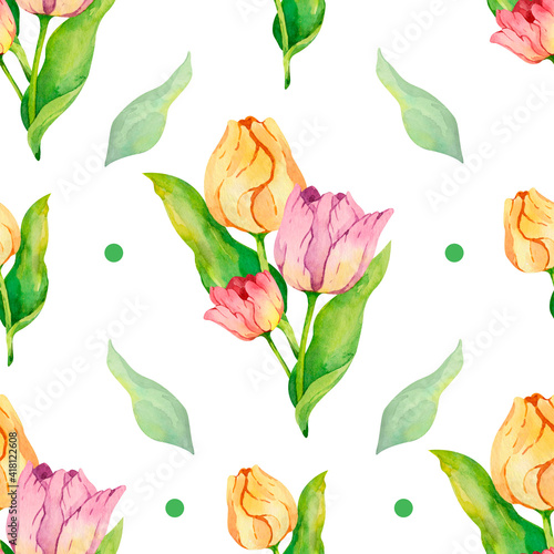 Watercolor tulips pattern with green leaves. Spring floral tulips seamless texture perfect for wrapping paper  greeting cards  cute designs.  