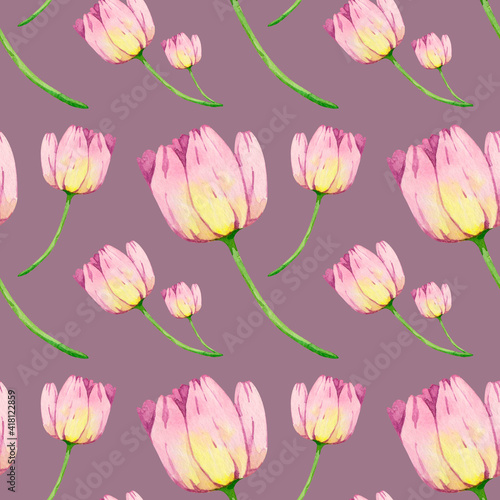 Watercolor tulips pattern with green leaves. Spring floral tulips seamless texture perfect for wrapping paper, greeting cards, cute designs.  