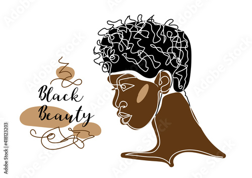 Black afro man s face vector portrait. African man with curly hair. Black beauty text