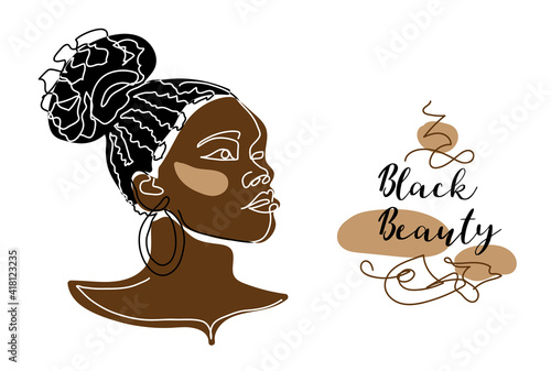 Black afro woman, girl face vector portrait. African woman with curly hair. Black beauty text