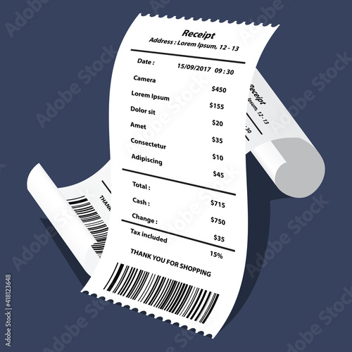 camera receipt printed template, paper financial check. vector illustration