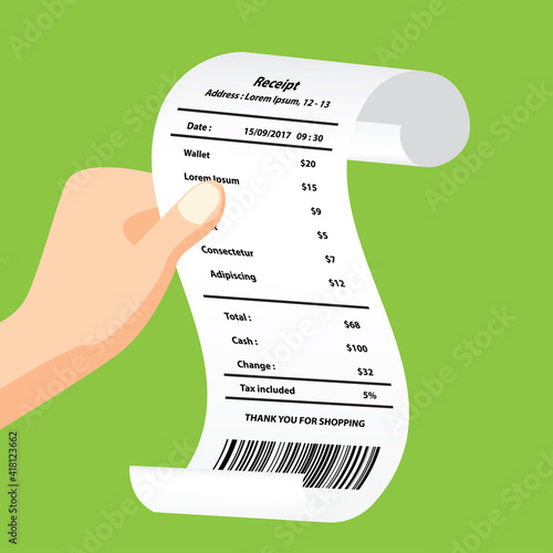 wallet receipt printed template, paper financial check. vector illustration