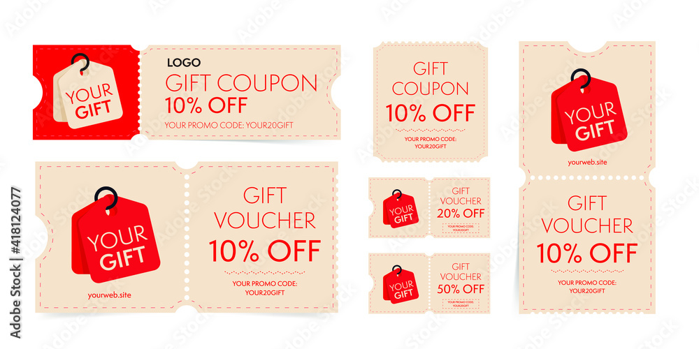 Gift coupon and voucher with promo code on discount set. Vintage tear-off shopping ticket, gift card with sale special offer to buy or purchase vector illustration isolated on white background - obrazy, fototapety, plakaty 