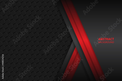 Black and red shapes, stripes and lines on a hexagonal carbon fiber background. Geometric shapes on a honeycomb grid.