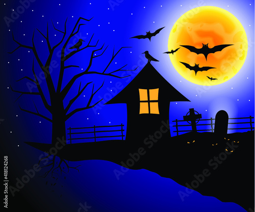 Halloween background with scary bats flying over the cemetery, old gravestone and full Moon. Spooky Halloween composition with horror house and popular holiday attributes