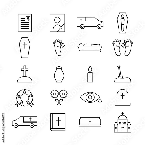 Funeral icon line set. Burial outline symbol collection. Flat style. Vector isolated on white