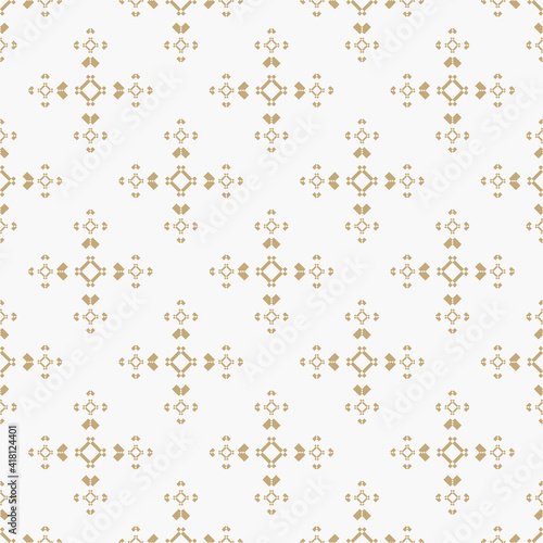 Golden vector seamless pattern with small rhombuses, tiny squares, arrows. Abstract gold and white geometric ornament texture. Simple minimal background. Tribal ethnic motif. Luxury repeat design