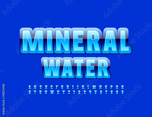 Vector blue logo Mineral Water. Bright modern Font. Shiny Alphabet Letters and Numbers set