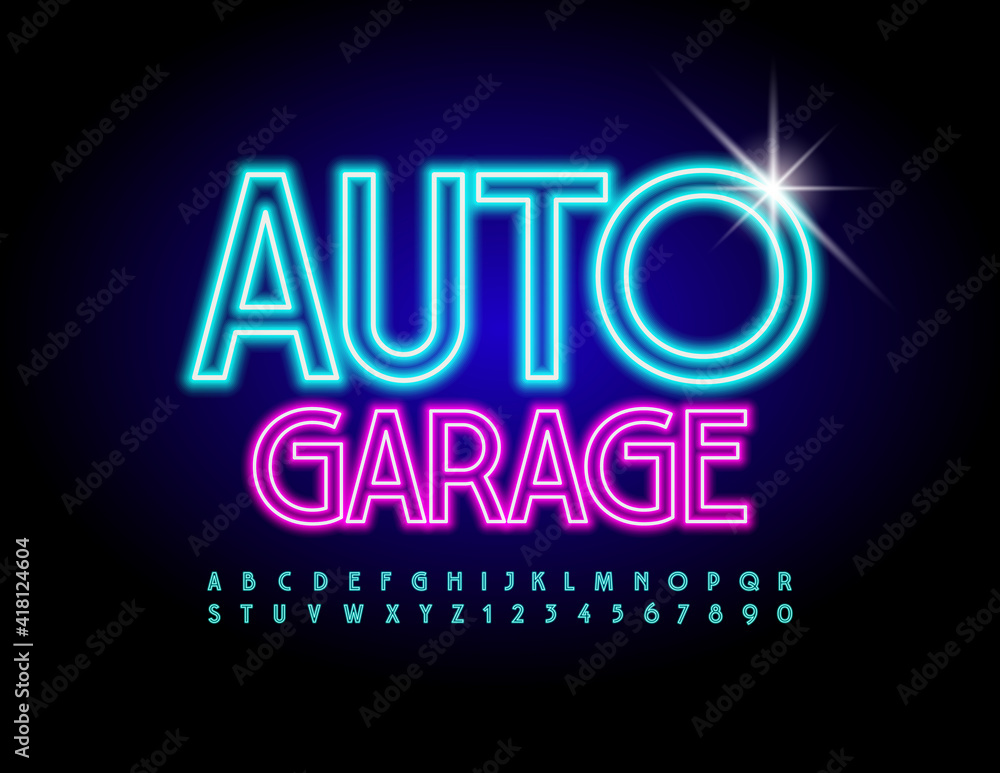 Vector glowing sign Auto Garage. Electric light Font. Blue Neon Alphabet Letters and Numbers.