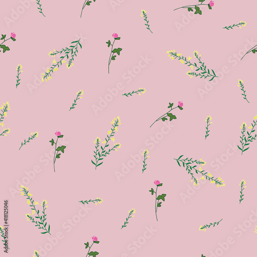 Wild flower clover and gorse seamless repeating pattern with lemonade pink background. Vector illustration