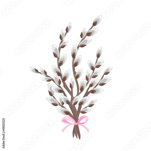 Bouquet of blossoming pussy willow branches with a bow isolated on a white background. Vector spring holiday illustration illustration in cartoon flat style.