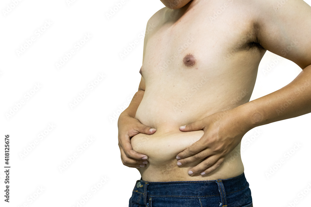 Naklejka premium Asian fat man has overweight on white background