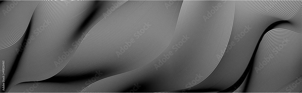 Black abstract background design. Modern wavy line pattern (guilloche curves) in monochrome colors. Premium stripe texture for banner, business background. Dark horizontal vector template - obrazy, fototapety, plakaty 