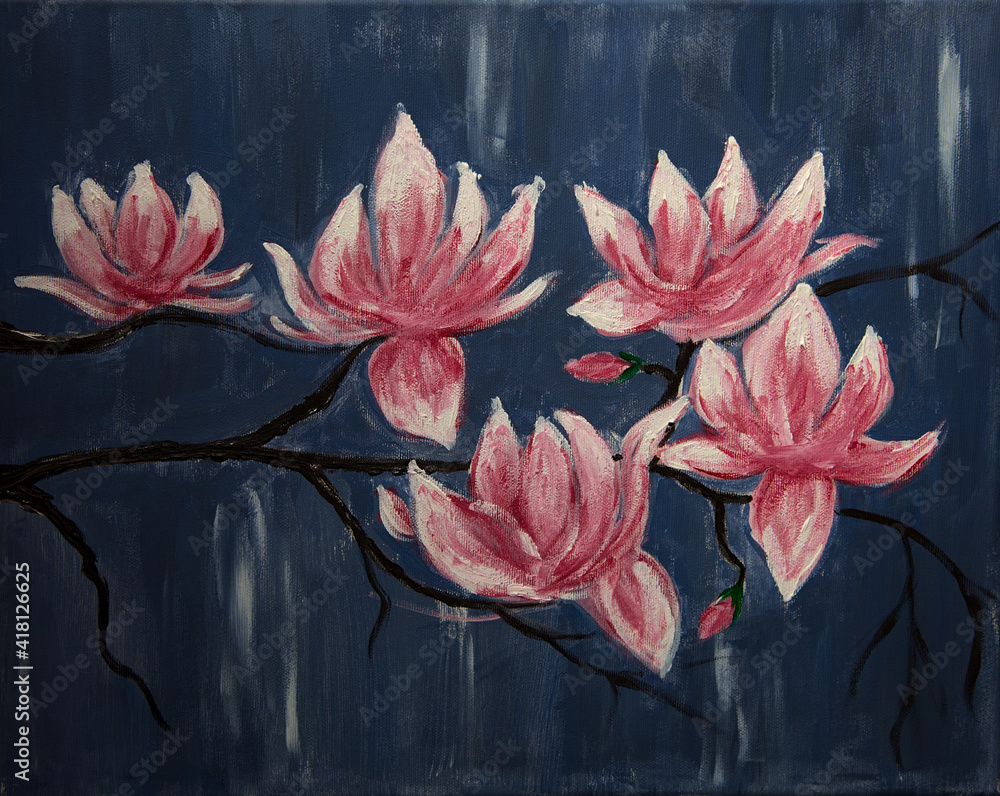 Pink magnolia blossoms on a twig in spring against a blue background.Acrylic painting. Spring magnolia flower in full bloom. Hand painted image. - obrazy, fototapety, plakaty 