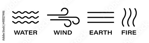 Fire, water, wind, earth infographic icon collection. Nature line symbols. Four alchemy vector elements. Vector illustration.