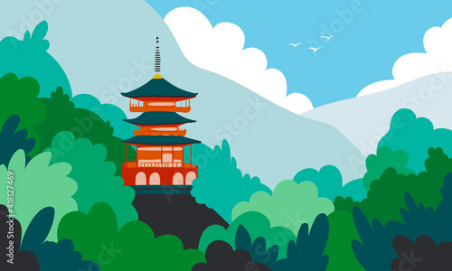 Japan landscape flat cartoon illustration. Beautiful mountain, forest, ancient building  banner design. Asian nature, touristic printing card