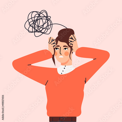 Woman has difficulty concentrating flat cartoon illustration. Overwhelmed by problems, stress, headache, anxiety, panic attack banner design. Hard work, medical symptom background.