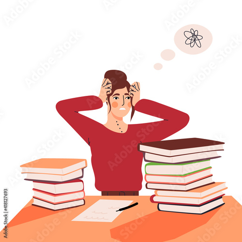Female character worried about unfinished work flat cartoon illustration. Stressed woman, hard concentrating, anxiety, depression banner design. Upset student, tired adult printing card