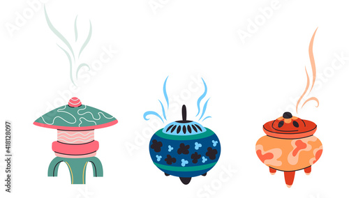 Japanese Incense isolated vector illustration set. Asian aromatic holder design elements collection. Traditional meditation burner in cartoon style.